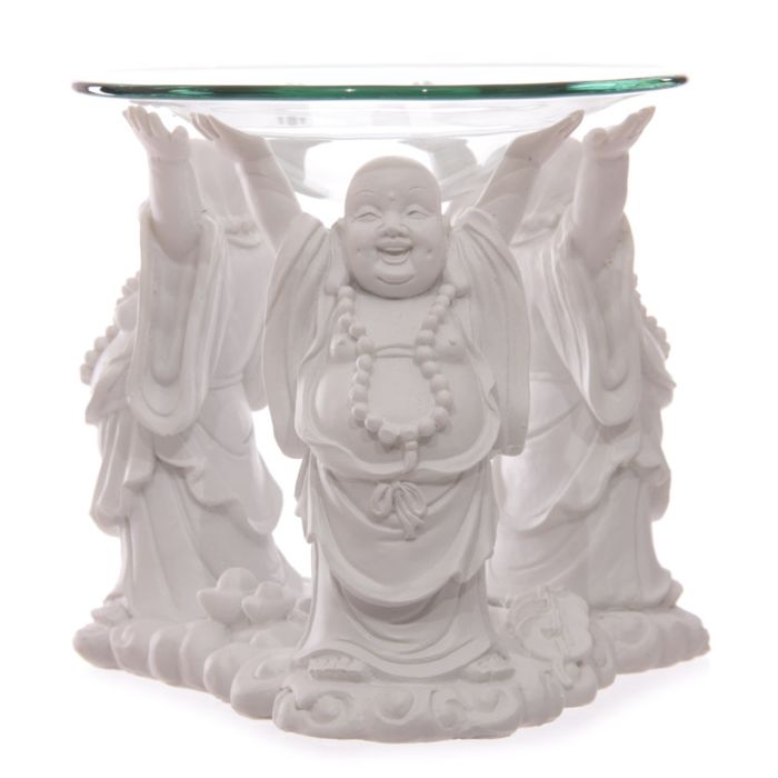 Biała podstawka na świeczki - śmiejący się Budda - 11cm