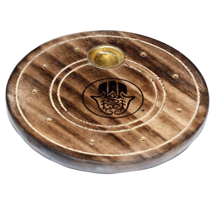 Popielnica na kadzidełka z drewna z drzewa mango Okrągła - motyw Hamsy