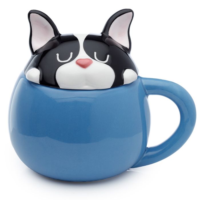 Ceramiczny kubek z przykrywką w kształcie głowy psa "Psia Brygada - Podglądający Buldog"