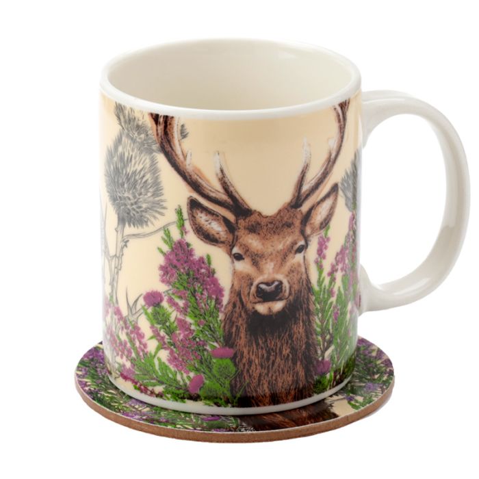 Porcelanowy kubek z zestawem podkładek Wild Stag Christmas ’Dziki Jeleń- Boże Narodzenie’