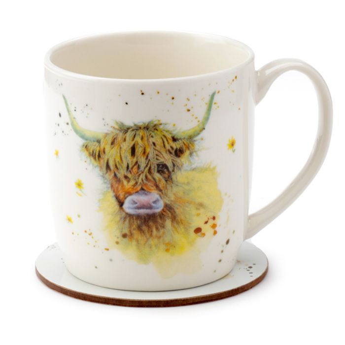Porcelanowy kubek z zestawem podkładek Jan Pashley Highland Coo Cow 