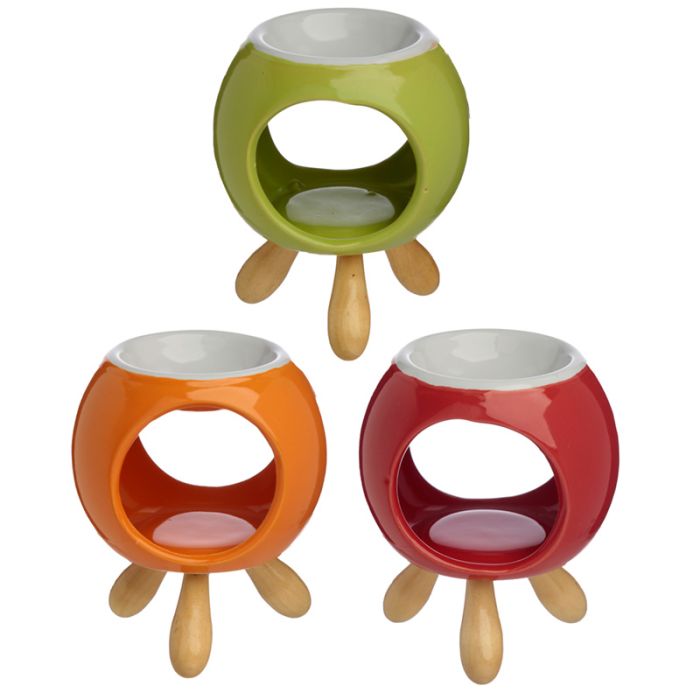 Ceramiczny okrągły abstrakcyjny podgrzewacz olejków na drewnianych nóżkach "Eden" - różne kolory