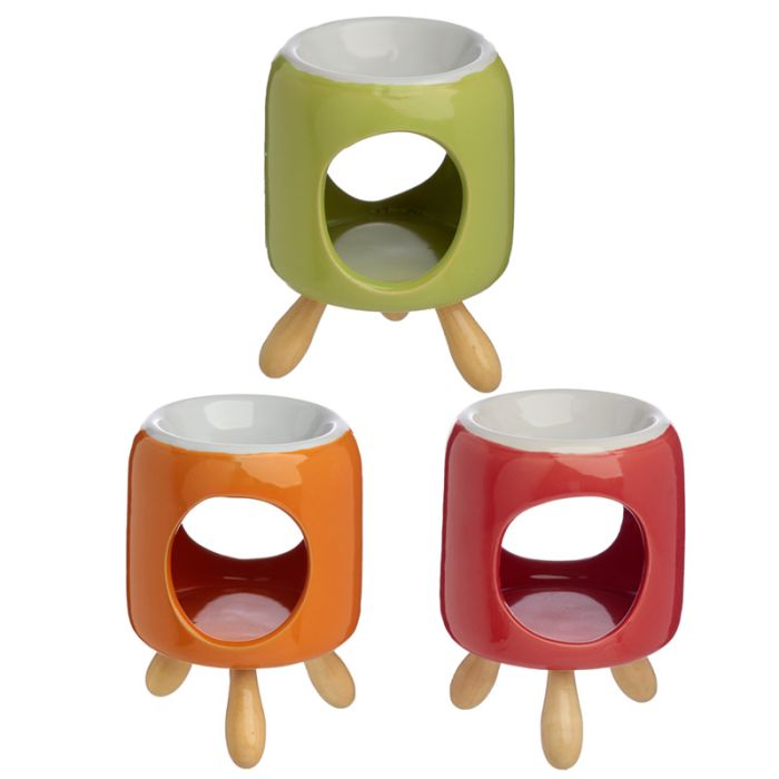 Ceramiczny zaokrąglony abstrakcyjny podgrzewacz olejków na drewnianych nóżkach "Eden" - różne kolory