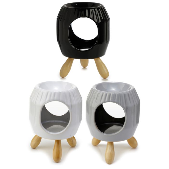 Ceramiczny abstrakcyjny podgrzewacz olejków na drewnianych nóżkach z ozdobnymi naciętymi prążkami "Eden" - biały i szary