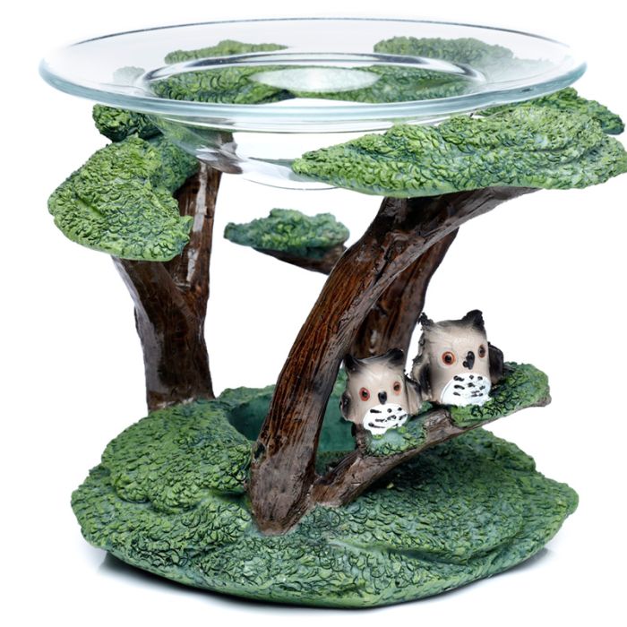 Żywiczny podgrzewacz olejków i wosku tarta ze szklanym talerzem "Sowy na drzewie"