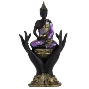 Figurka Tajski Budda fioletowo-złoto-czarny "Budda siedzący w dłoniach" Figurka Tajski Budda fioletowo-złoto-czarny "Budda siedzący w dłoniach"