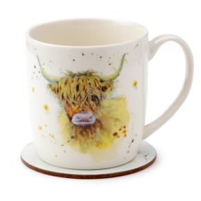 Porcelanowy kubek z zestawem podkładek Jan Pashley Highland Coo Cow Porcelanowy kubek z zestawem podkładek Jan Pashley Highland Coo Cow